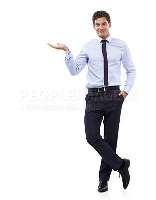 Buy stock photo Entrepreneur, portrait and choice in hand with mockup, space and white background in studio. Confident, businessman or gesture show option with information, advice or presentation of recommendation 