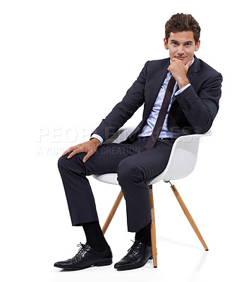 Buy stock photo Studio, portrait and businessman thinking in a chair on white background or mock up space. Entrepreneur, mindset and manager sitting with ideas, planning or boss with confidence or pride in mission