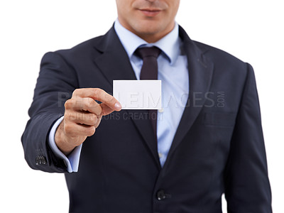 Buy stock photo Business card, space and person with mockup, contact information or job offer and career in studio. Professional entrepreneur or corporate hands with presentation or opportunity on a white background