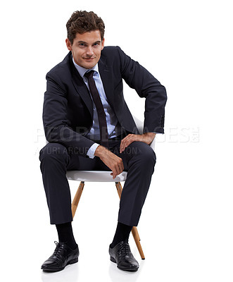 Buy stock photo Sitting, manager and portrait of businessman in a chair with white background or mock up space in studio. Confident, entrepreneur and relax on seat with professional style, fashion or suit for work