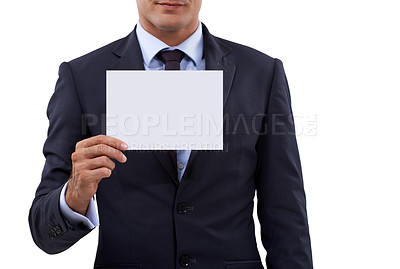Buy stock photo Studio, mockup placard and business person with promotion news, advertising space or corporate information. Commercial poster, signage and hands of professional sales consultant on white background