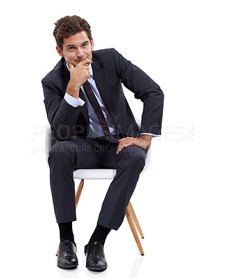 Buy stock photo Thinking, portrait and businessman in studio in a chair on white background or mock up space. Entrepreneur, insight and manager sitting with ideas, planning or boss with mindset for strategy