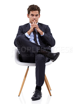 Buy stock photo Thinking, young businessman and portrait on chair in studio mockup, with start up idea and professional. Person, face and thought as entrepreneur in corporate career and decision by white background