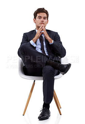 Buy stock photo Business, thinking and portrait of man on a chair in studio for problem solving on white background. Planning, solution and face of male entrepreneur with questions, why or brainstorming idea gesture