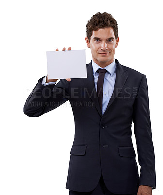 Buy stock photo Professional man, poster mockup and presentation for advertising of opportunity, news or information in studio. Portrait of boss or business person with paper and space for job on a white background