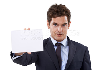 Buy stock photo Business man, poster mockup and portrait with presentation for serious news, information or corporate opportunity in studio. Face of boss or professional person with card space on a white background