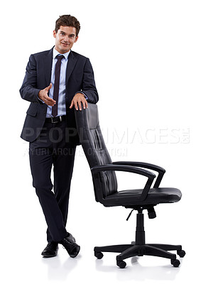 Buy stock photo Portrait, business man and handshake for welcome, introduction and greeting at chair. Professional shaking hands in agreement, contract deal and b2b opportunity isolated on a white studio background