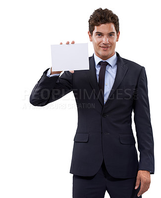 Buy stock photo Professional man, poster space and presentation for advertising of opportunity, news or information in studio. Portrait of boss or business person with card and mock up for job on a white background