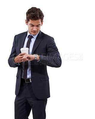 Buy stock photo Confident, businessman and check time in studio and corporate professional for work schedule in mock up. Person, pride and manager with watch appointment and attorney with coffee by white background