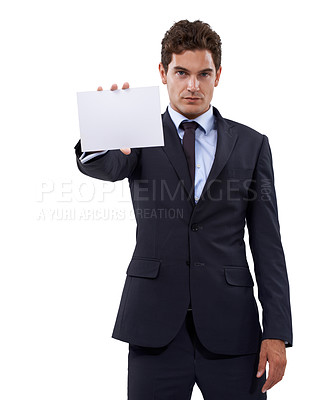 Buy stock photo Business man, portrait and card mockup or presentation for information, opportunity and serious news in studio. Worker or corporate person with paper and space for career offer on a white background
