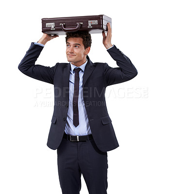 Buy stock photo Business, man and briefcase to cover head for protection in white background or studio for insurance. Professional, entrepreneur and travel with luggage, case and holding bag in mock up space