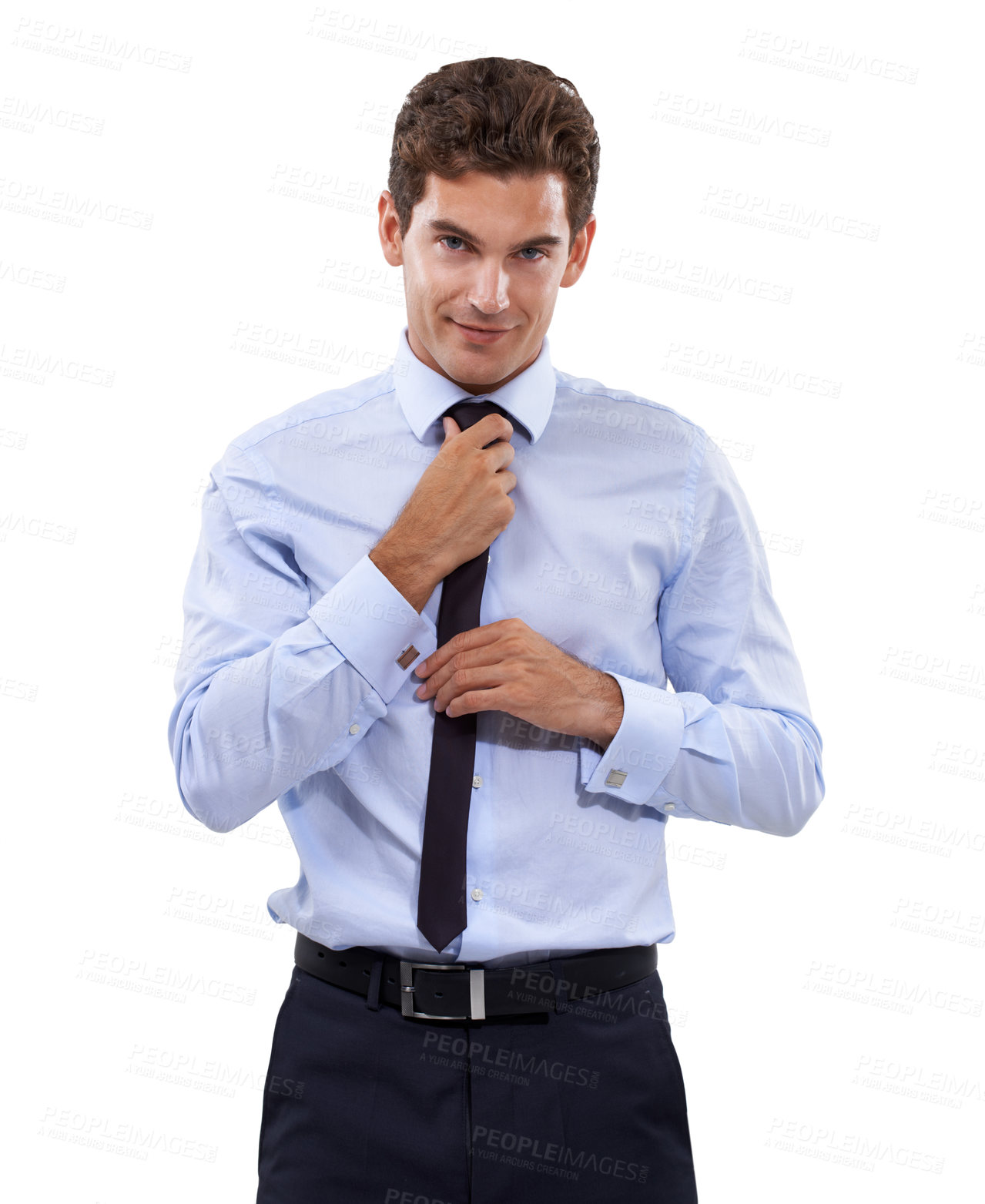 Buy stock photo Happy, businessman and portrait for fixing tie and corporate professional for career pride in studio mockup. Person, face and manager in formal suit and attorney with consultant by white background