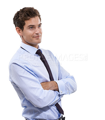 Buy stock photo Businessman, arms crossed and portrait for thinking as corporate professional and career in studio mockup. Person, confident and management with smile or decision and accountant by white background