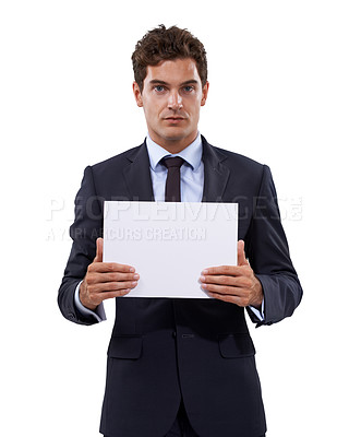 Buy stock photo Business man, poster mockup and portrait with presentation for information, opportunity and serious news in studio. Professional boss or corporate person with paper and space on a white background