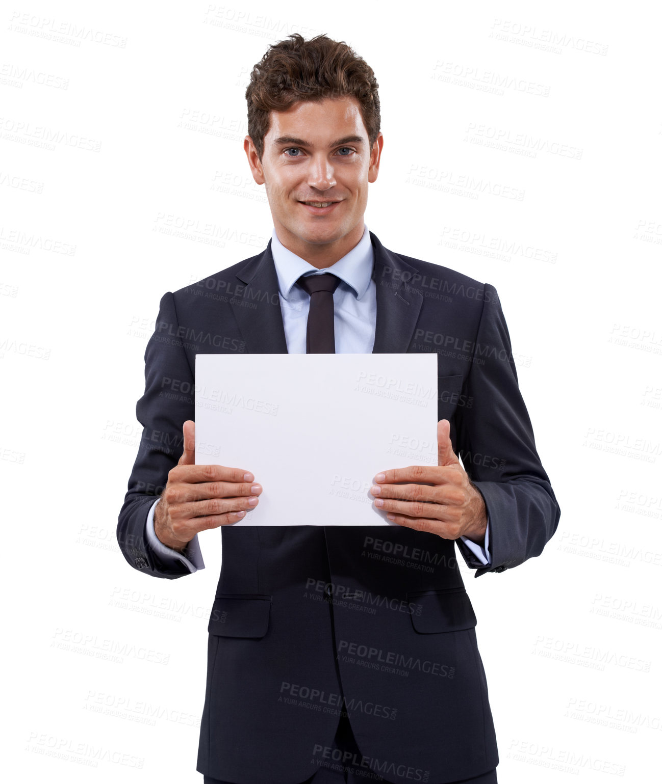 Buy stock photo Professional man, poster mockup and happy presentation for advertising of job opportunity, news or information in studio. Portrait of boss or business person with paper or space on a white background