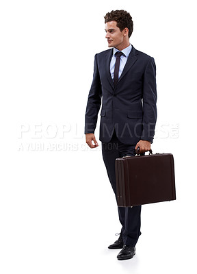 Buy stock photo Confident, businessman and briefcase for corporate professional for career pride, worker and mock up. Person, suitcase or consultant as manager in suit, entrepreneurship or work by white background