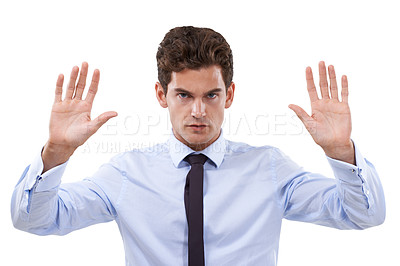 Buy stock photo Businessman, hand and stop in studio portrait with forbidden warning, rejection and negative in mockup. Face, palm and emoji in defence sign for no, deny and wait for frustrated by white background