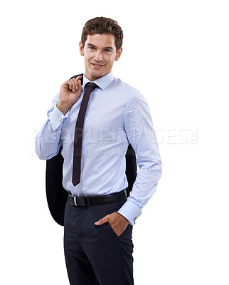 Buy stock photo Portrait, smile and a business man in a suit isolated on a white background for his professional career. Corporate, work or job with a confident young person in a shirt and tie as an employee