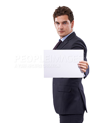 Buy stock photo Business man, poster mockup and studio portrait with presentation for information, opportunity and serious news. Professional boss or corporate person with paper offer or space on a white background
