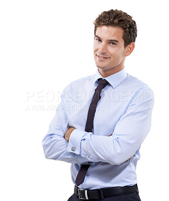 Buy stock photo Businessman, happy and portrait in studio as corporate professional and law career with pride. Person, face and arms crossed in management, confident and about us for accountant by white background