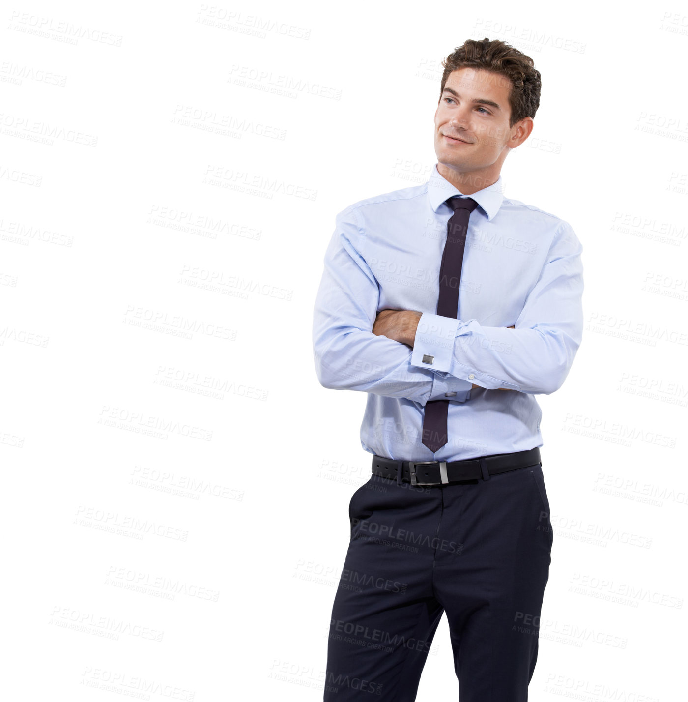 Buy stock photo Arms crossed, thinking and business with man, planning and employee isolated on white studio background. Person, model and entrepreneur with decision, choice and opportunity with idea or mockup space