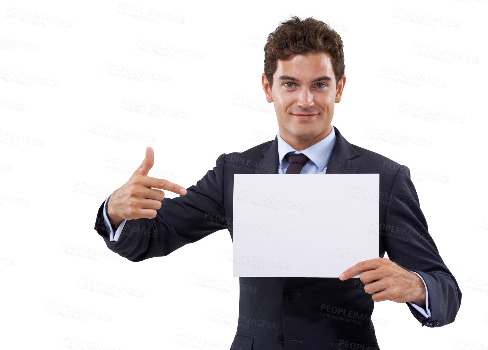 Buy stock photo Business man, poster space and pointing to presentation for advertising of job opportunity, news or information in studio. Portrait of boss or corporate person with paper mockup on a white background