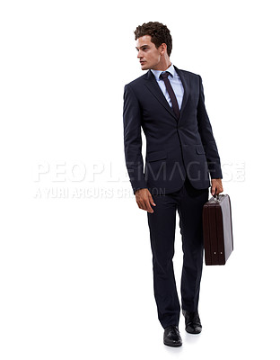 Buy stock photo Thinking, business or suit and a man walking with a briefcase in studio isolated on a white background. Corporate, mockup and a confident young employee on space for professional career advertising