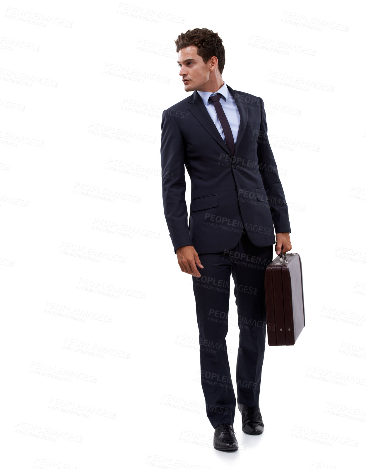 Buy stock photo Thinking, business or suit and a man walking with a briefcase in studio isolated on a white background. Corporate, mockup and a confident young employee on space for professional career advertising