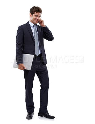 Buy stock photo Laptop, phone call and business man in studio for consulting, advice or client feedback on white background. Smartphone, conversation and male salesman online for networking, sales or communication