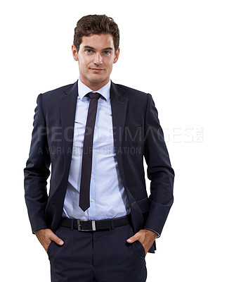 Buy stock photo Business man, professional portrait and suit for confidence  and legal career isolated on a white background. Corporate boss, executive and professional lawyer or attorney in formal clothes in studio