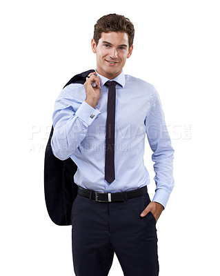 Buy stock photo Shoulder, businessman and portrait for jacket with corporate professional and career pride in studio mockup. Person, face and management in formal suit and attorney in confidence by white background