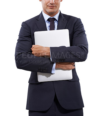 Buy stock photo Person, businessman and technology with laptop and corporate professional in studio mockup. Office worker, consultant and employee with computer in hands, entrepreneur and digital by white background