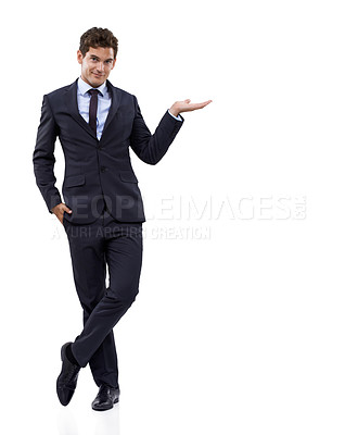 Buy stock photo Entrepreneur, hand and portrait with choice in mockup, space and white background in studio. Confident, businessman and gesture to show option with information, advice or presentation with mock up