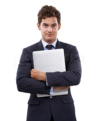 Buy stock photo Happy, businessman and portrait by laptop and corporate professional with technology in studio mockup. Person, face or computer in hands for entrepreneur, digital or ecommerce by white background