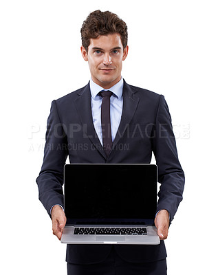 Buy stock photo Confident, businessman and portrait by laptop screen and corporate professional with technology for studio mockup. Person, face and computer in hands for entrepreneur, digital and white background