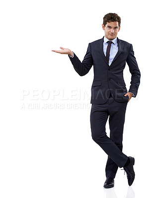Buy stock photo Entrepreneur, portrait and choice in hand with mockup, space and white background in studio. Confident, businessman and gesture to show option with information, advice or presentation with mock up