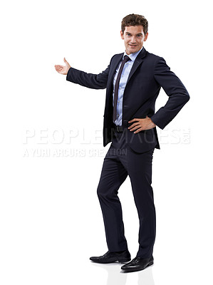 Buy stock photo Portrait, hand and businessman pointing to mockup, space and blank advertising in studio. Confident, entrepreneur and gesture to show choice in white background with announcement or presentation