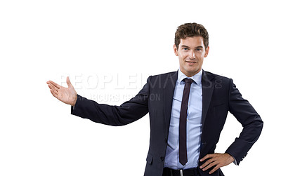 Buy stock photo Hand, gesture and portrait of businessman in mockup, space and blank advertising in studio. Confident, entrepreneur and gesture to show choice in white background for announcement or presentation