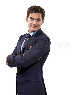Buy stock photo Businessman, arms crossed and portrait in studio as professional and corporate career with pride. Person, face and smile for management, formal suit and about us for accountant by white background