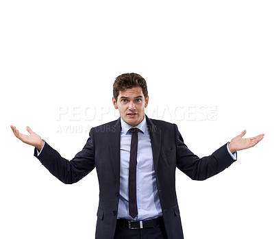 Buy stock photo Business man, why and confused or questions in studio for investment decision, problem solving and solution. Portrait of corporate person or trader with palm for choice or doubt on a white background