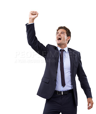 Buy stock photo A young businessman gesturing in triumph