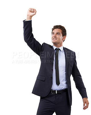 Buy stock photo Business man, winner and yes in studio for success, power or achievement in stock market celebration. Excited corporate person or trader with fist, thinking of winning and goals on a white background