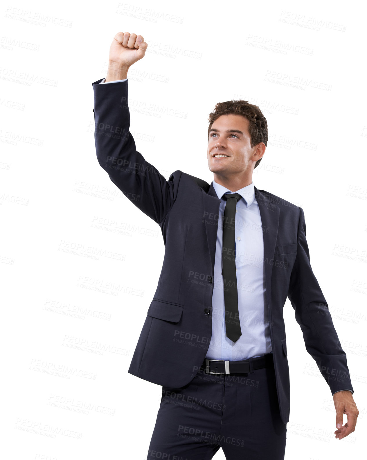 Buy stock photo Business man, winner and yes in studio for success, power or achievement in stock market celebration. Excited corporate person or trader with fist, thinking of winning and goals on a white background
