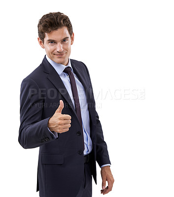 Buy stock photo Business man, winner and thumbs up for success, career achievement and thank you on a white background. Portrait of professional person with good job, OK or like hands and corporate support in studio
