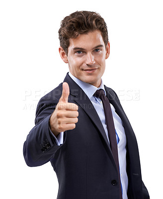 Buy stock photo Business man, thumbs up and success in studio for achievement, support and like emoji or yes hands. Portrait of professional employee or winner with good job, vote or agreement on a white background