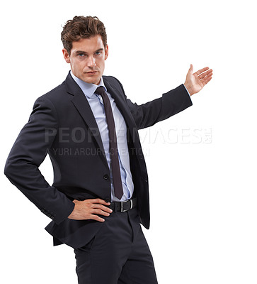 Buy stock photo Businessman, portrait and hand with choice in mockup, space and white background in studio. Serious, entrepreneur and gesture with confidence in announcement, information or presentation of advice