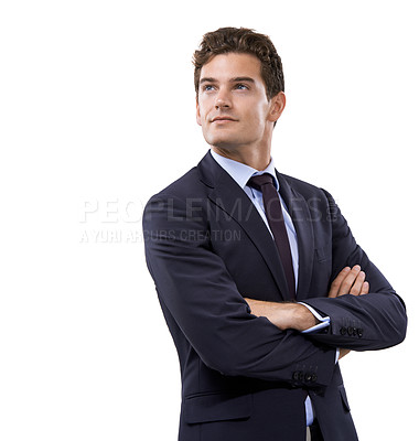 Buy stock photo Arms crossed, thinking and business with man, opportunity and employee isolated on a white studio background. Person, model and entrepreneur with decision, choice and promotion with mockup space
