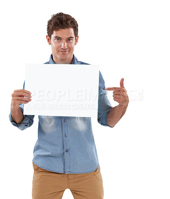 Buy stock photo Pointing, poster and portrait of man in a studio with mockup space for marketing, promotion or advertising. Happy, banner and handsome person from Canada with empty sign isolated by white background.