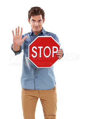 Buy stock photo Portrait, man and traffic stop sign, hand and studio isolated on a white background mockup space. Person show red octagon symbol, palm and danger warning, forbidden caution or prohibition in security