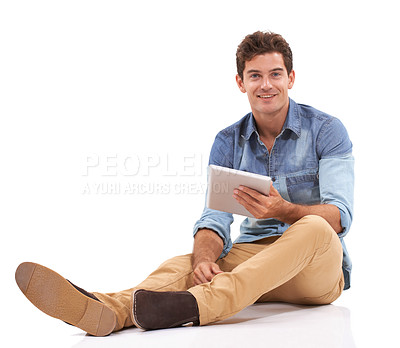 Buy stock photo Mockup, tablet and portrait of happy man on studio floor with social media, chat or scroll on white background. Space, face or male model with digital, app or search, online or streaming subscription